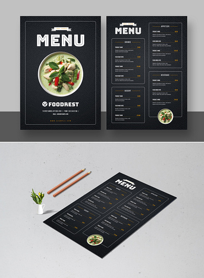 Black Food Menu Design Template a4 beverage brand branding color desert design drink fastfood food guide book layout menu pizza restaurent template