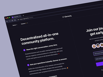 Garnerly — Waitlist Page 👾 blockchain chat community crypto daos dark darktheme defi early access landing page landingpage networking tool nft productdesign protocol signup uiux waitlist web3 website