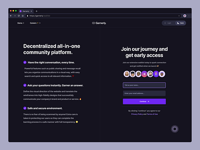 Garnerly — Dark Waitlist Page 👾 blockchain community crypto dao dark darktheme decentralized early acess ether landingpage networkingtool next js nft productdesign signup uiux waitlistpage web3 webapp website