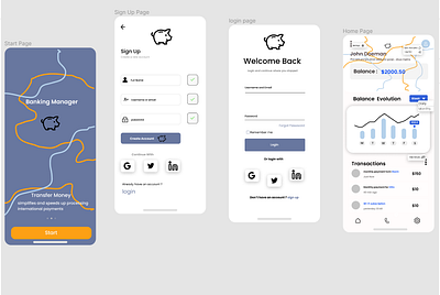 UI/UX Figma bank app (start page , sign -up , login , and home) design graphic design illustration ui