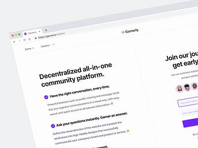 Garnerly — Light Theme Waitlist Page 👾 blockchain chatroom community crypto daos decentralized defi ether light lighttheme networkingtool nft productdesign protocol sign up ui uiux waitlistpage web3 website