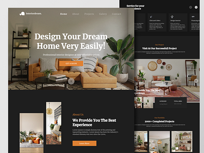 Interior Dream : Landing Page Website architecture chair dark mode decor design home e commerce furniture home interior interior design interiordesign landing page living room orange room typography ui design web web site website