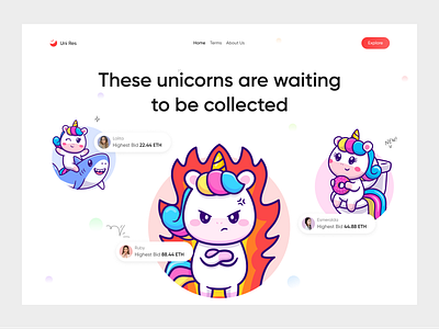 Uni Res - NFT Hero Section 🦄 bitcoin clean colorful crypto cta etherium hero section landing page nft nft marketplace ui user interface web web design webiste