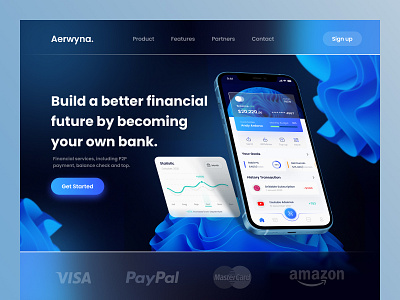 Aerwyna. - Finance App Landing Page app bank banking clean dark ui figma finance financial fintech glassmorphism inspiration investment landing page mobile mobileapp nft ui ux web design website