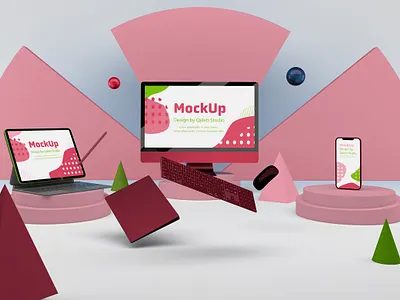 Responsive Devices Mockups abstract app apple application clean design device display laptop mockup pc phone phone mockup presentation realistic responsive simple smartphone ui ux