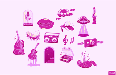 Illustration for Pink Sofa Hour anthropomorphism bagpipes branding color color study design digital drawing guitar gummies illustration inspiration instruments lava lamp music pink retro silly sloth ufo xylophone