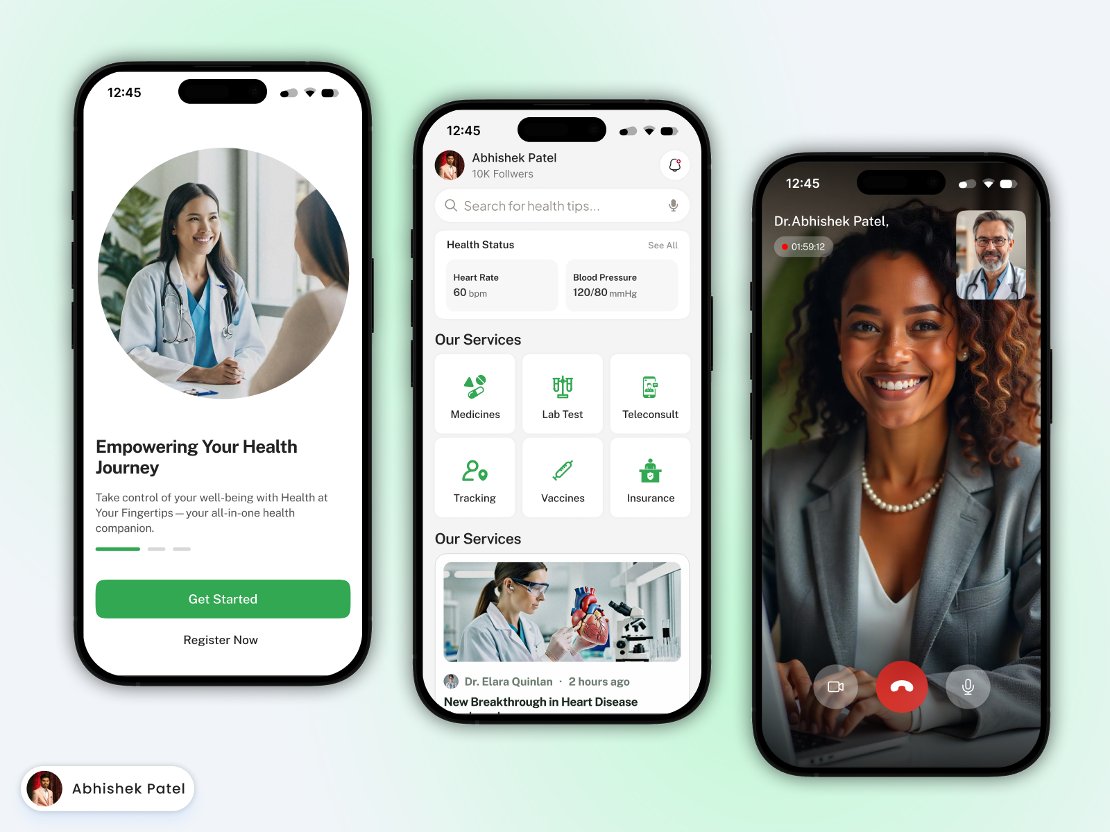 Healthcare App abhishek patel design app interface clean ui doctor app figma design health app health dashboard healthcare ui healthcare ux hospital app medical app mobile app design mobile ui onboarding screen patient app telemedicine ui design ux design video call ui wellness app