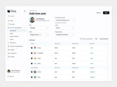 Add new user filled - Orio dashboard pricing saas softwares table user