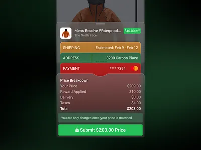 Checkout confirmation screen - buyr.com address black blur buyr checkout confirmation dark dark mode dark theme design green mobile payment popup pricing product shipping ui ui ux website