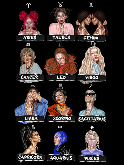 Female portrait of zodiac signs. aquarius aries astrology cancer capricorn fashion illustration fashion portrait female portrait gemini horoscope leo libra pisces portrait painting sagittarius scorpio symbol taurus virgo zodiac sign