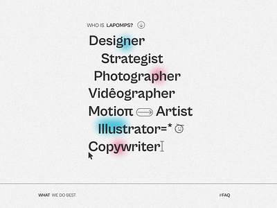 Who is agency animation branding clean copywriter creative design graphic design identity illustrator layout motion graphics photographer simple strategist typography vector videographer