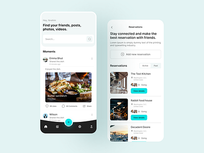 Social media app for make reservations. android app animation app design branding clean ui graphic design illustration ios app logo mobile app motion graphics new design reservation app social app trend typography ui ui design ux design vector