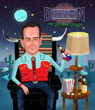 Shudder - Joe Bob Briggs and The Last Drive-In caricature design digital horro humor humorous illustration joe rocco kids logo movie portrait shudder ui whimsical