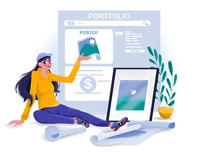 Searching in Portfolio buynow character characterdesign colorful design drawing girl hat illustration longhair plant portfolio poster search sitting wirestock woman