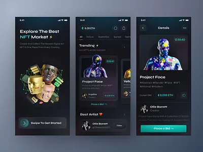 NFT Marketplace - Mobile App 3d app clean crypto cryptoart design ethereum futuristic market metaverse minimal mobile ui nft nftart nfts product ui uidesign uiux