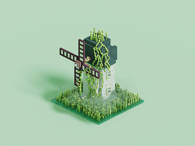 Old Windmill 3d building fog green light magicavoxel old render swamp voxelart windmill