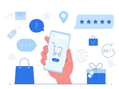 Online purchases in store. E-Commerce clicking customer discount e commerce flat hand illustration internet online order phone purchases rate rating service shopping store vector