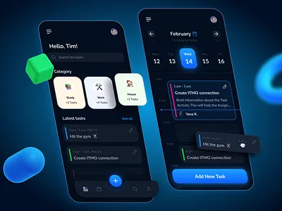 Task Management App | Dark Theme 2022 2d 3d app behance branding dark dark theme darkui design dribble figma isometric schedule task task management time ui uiux ux