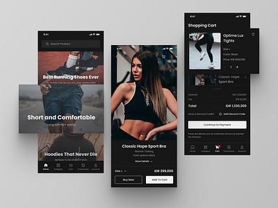 Exploration - Sportswear app design dark dark mode design exploration figma figma design mobile mobile design night sport sportswear ui ui design uiux