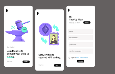 Sign up page for a imaginative NFT trading app app design ui ux