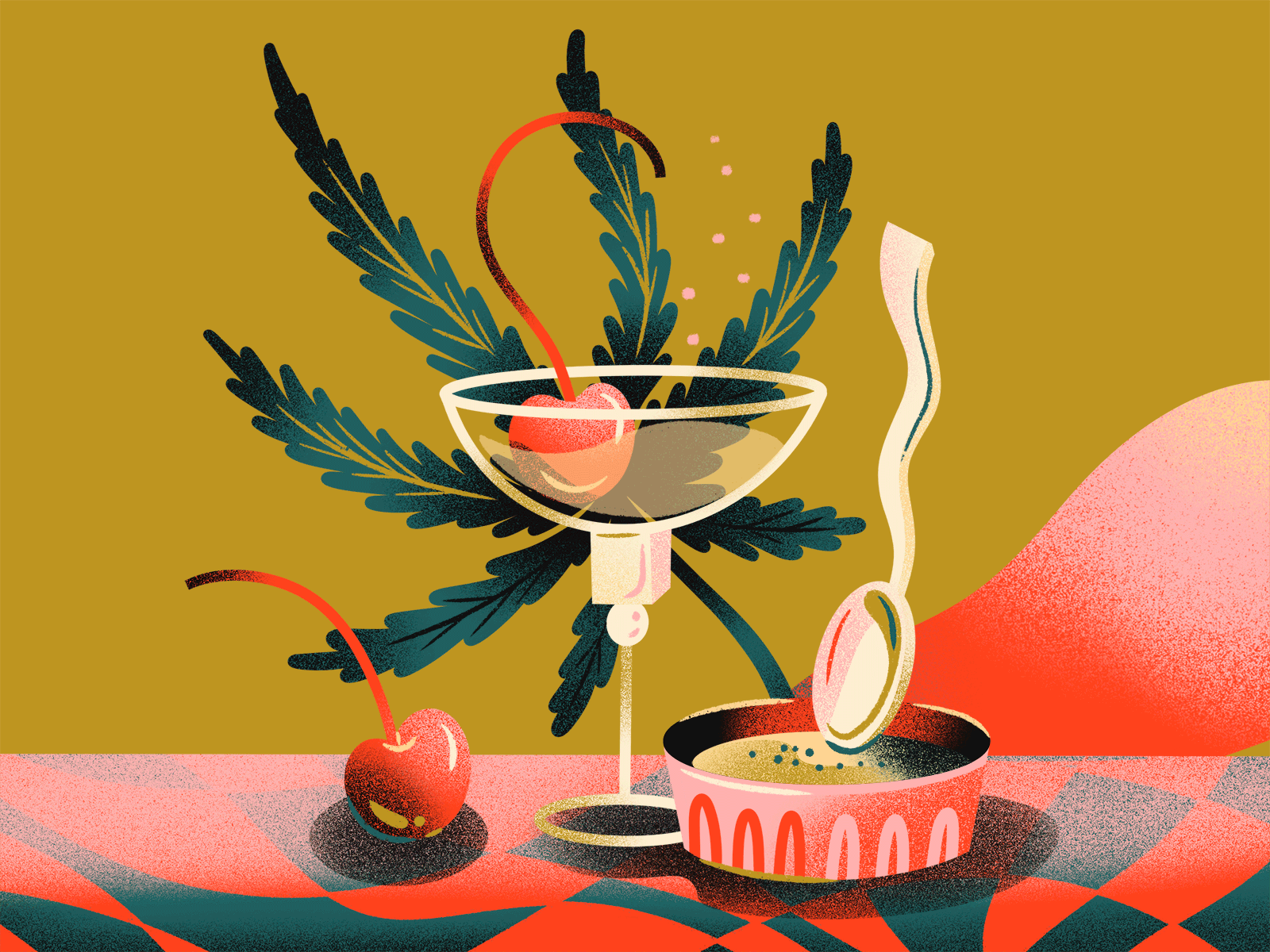 Champagne, Crème Brûlée & Mary Jane animated loop animation champage design drawing edi editorial editorial illustration food food illustration illustration jordan kay limited color marijuana packaging scene stars texture weed wine