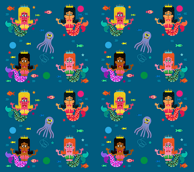 Goofy Mermaid Pattern - Gift Wrap and Fabric design digital fabric giftwrap humor humorous illustration joe rocco kids logo pattern whimsical