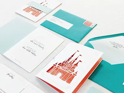 Gilbert & Sarah (1/3) invitations paper goods pink stationery storybook teal wedding