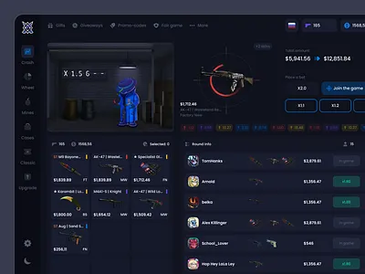 Knifex Online Casino - Crash Game 2d animation casino character crash game crypto dark ui dashboad game gaming history illustration interface inventory live nft nft game ui