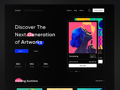 Artcho - NFT Landing Page art bitcoin blockchain crypto echo echo design landing page marketplace nft nft dashboard nft landing page nft marketplace nft web nft website token ui ui design ux web design website