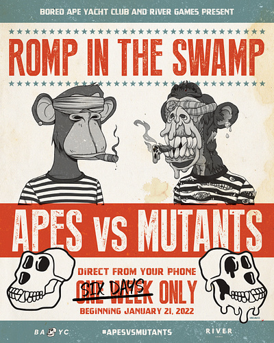 Romp in the Swamp apes vs mutants bayc bored ape bored ape yacht club boxing poster mayc mobile game mutant ape yacht club nft poster typography vintage