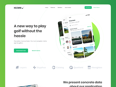 Holeswing Landing Page animation app branding clean design golf golf landing page holeswing landing page leaderboard match minimal minimal design mobile navigation scoreapp ui ux web design website