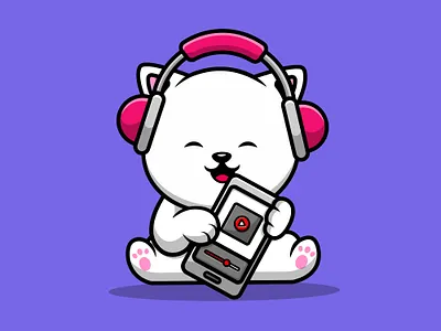 Cute Cat Playing Music With Smartphone And Headphone sitting