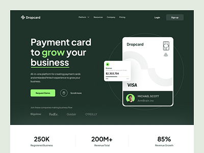 Dropcard: Payment Card Fintech Landing Page bank banking business clean credit card debit card e finance finance fintech homepage landing landing page landing page design payment payment card technology ui web app web design website design