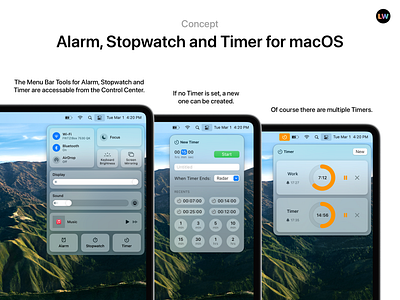 Alarm, Stopwatch and Timer alarm apple design apple ui control center high fidelity macbook macos 13 macos concept menu bar tool stopwatch timer ui ui design concept