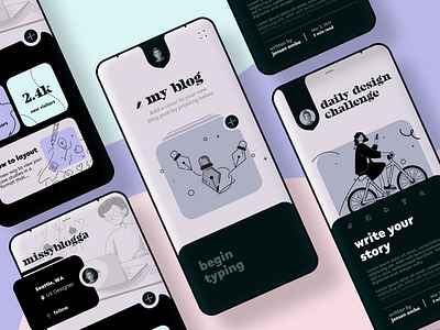 Blogging App app app design black and white blogging dark mode design flat icon illustration medium mobile modern ui ux web writing