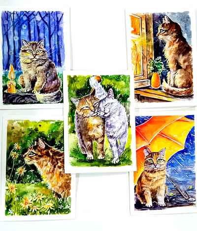 Hand-Painted Watercolor Cat Illustrations – Metaphorical Art art cards cat hand painted painting pet