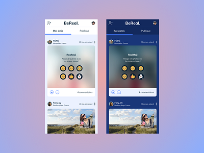 BeReal Redesign - Reactions application dark dark mode dark ui emoji figma light light mode mobile app mobile design react smiley ui ux