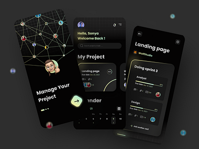 Project Management - Mobile App 3d app dark mode dark theme design figma glow illustration kanban mobile app neon project management project manager task management task manager trend ui uiuxcenter