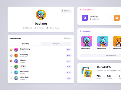 Sherbet UI's candy cards component fun games leaderboard nft profile settings ui ux web3