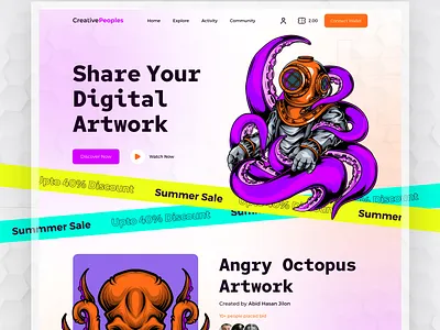 NFT Marketplace Website artwork buy cpdesign creativepeoples crypto art cryptocurrency digital art work ethereum illustrations landing page nft nft art nft collection nft marketplace nfts purchase sell token trending web