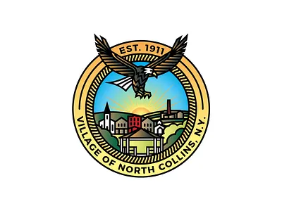 Village of North Collins Seal badge buffalo ny buildings design eagle embroidery engraving etching geometric illustration illustrator line art logo patch seal