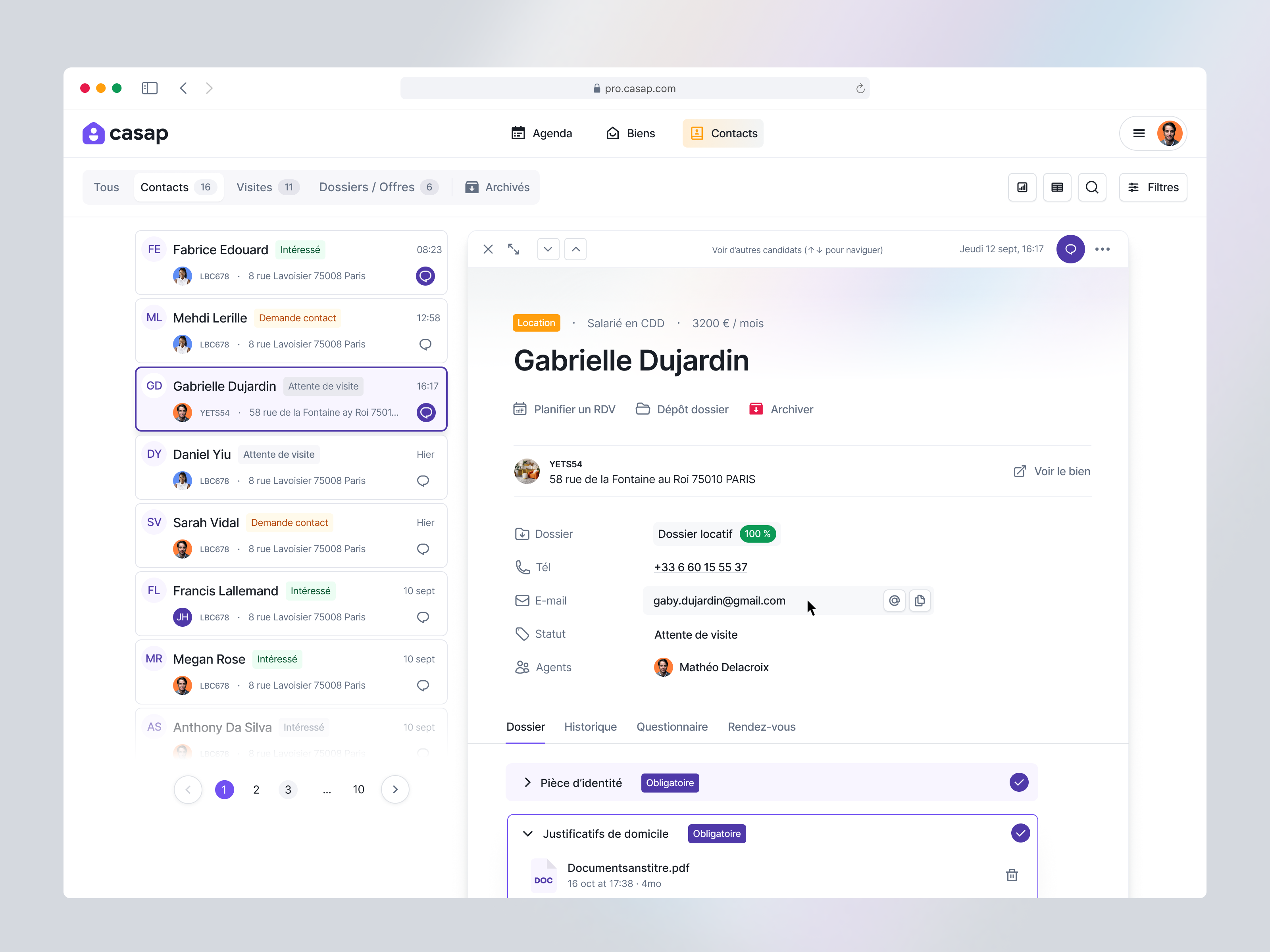 Example of Contacts list & details