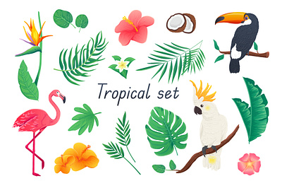 Tropical 3D Realistic Set 3d cartoon elements flamingo flat flower foliage graphic illustration island jungle nature realistic season set summer travel tropical vector web