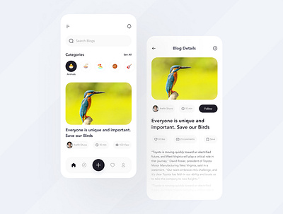 Blogging App app app design application bird blog blogging clean fresh interface minimal mobile mobile app mobile ui ui ui design ui designer ux