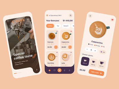 Coffee App C'CUPS app app design branding ccups coffee coffee app digital food mobile app real ui uiux ux