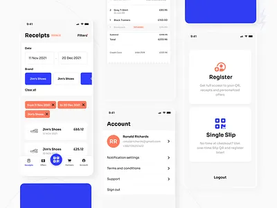 Slip account cleanui design filters mobile paper free profile qr code receipts register tab bat ui ui cards