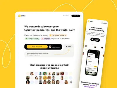 Alms 2.0 – Real Landing app bold clean full time illustration job landing layout minimalist readymag responsive web website wellbeing yellow