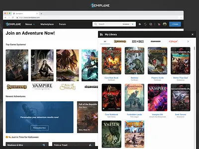 Demiplane Game Browser and Personal Book Library app browser content discovery dungeon and dragons game game interface library paid sessions table top ui ux web app