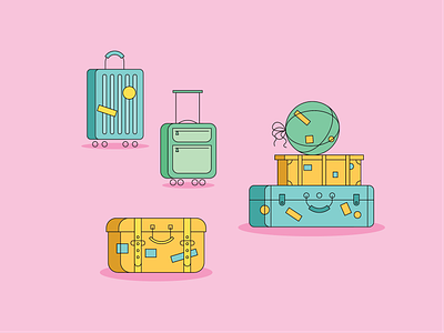 Let's go somewhere! bag blue container flat design green handle illustration luggage package pink travel vector yellow