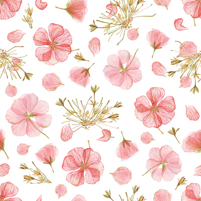 Watercolor pink geranium seamless pattern on white background decorative design floral floral design floral pattern flowers handdrawn illustration pink flowers seamless pattern spring spring pattern summer pattern surface design textile design textile pattern watercolor watercolor flowers yulia chepurova
